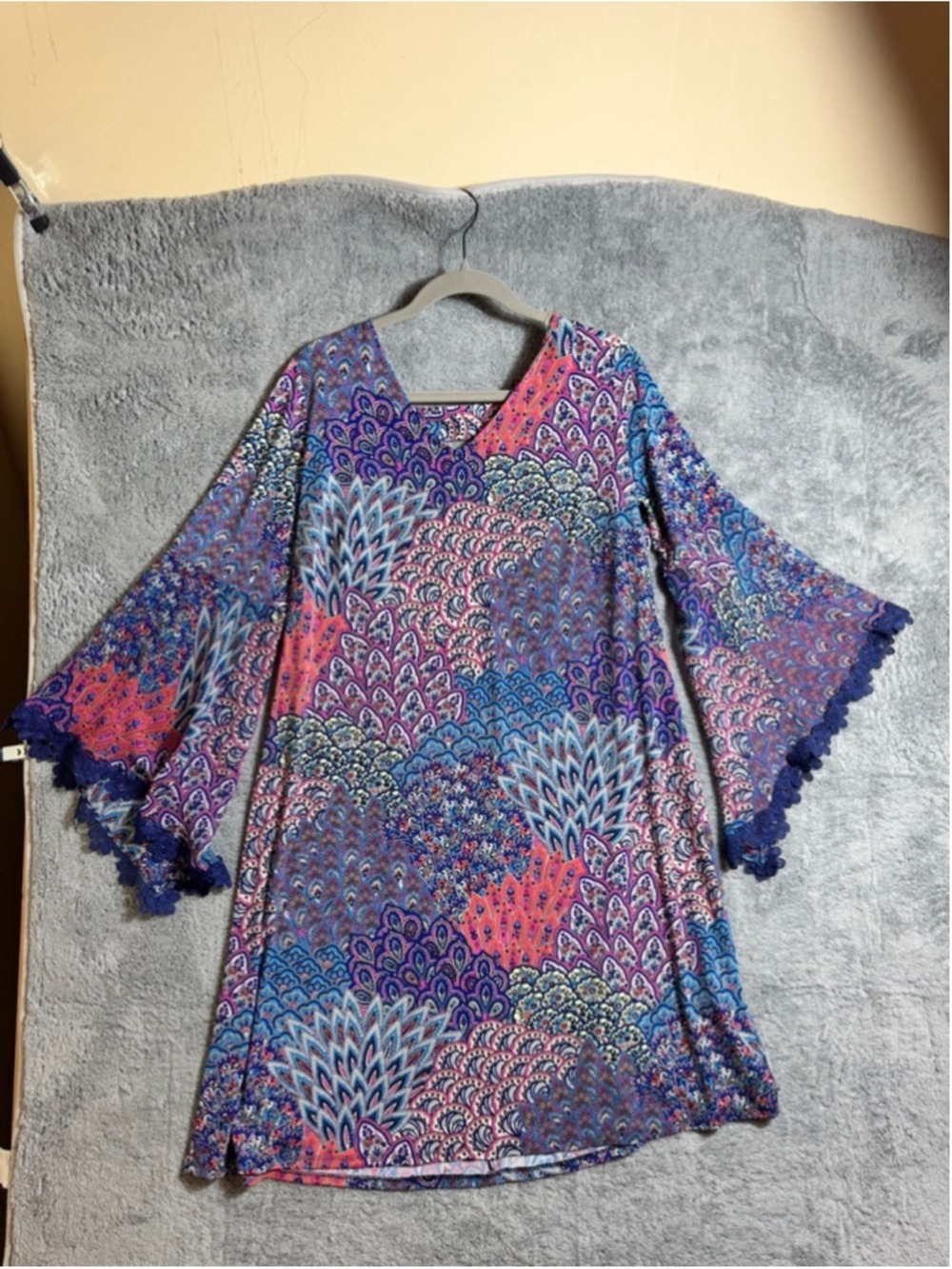 MSK Blue Pink Paisley Bell Sleeve Cocktail Dress 1X